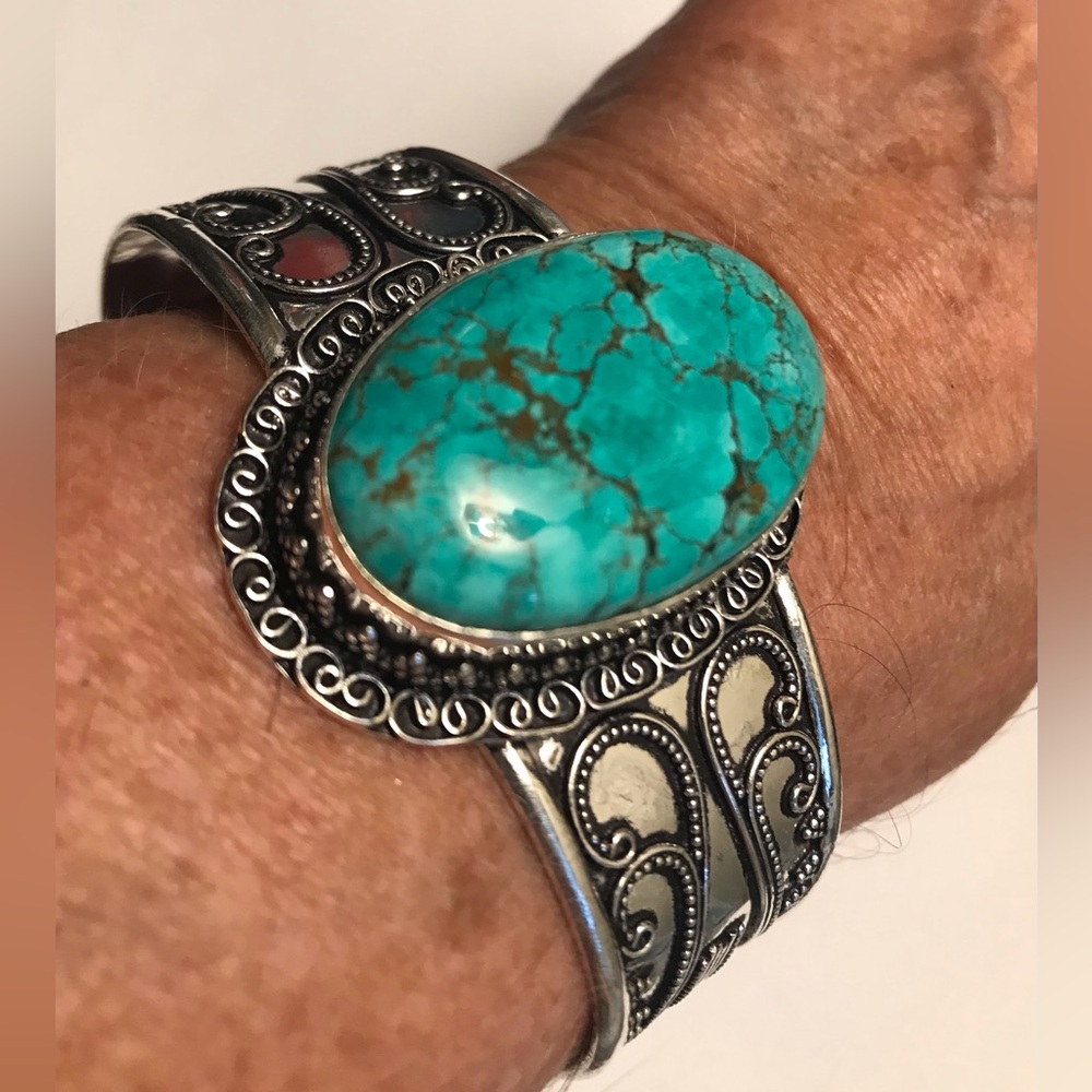 Turquoise Stamped 925 Sterling Silver Cuff Bracelet